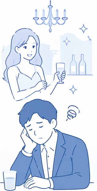 キャバクラや風俗の利用料がかさみ返済に悩む男性のイラスト