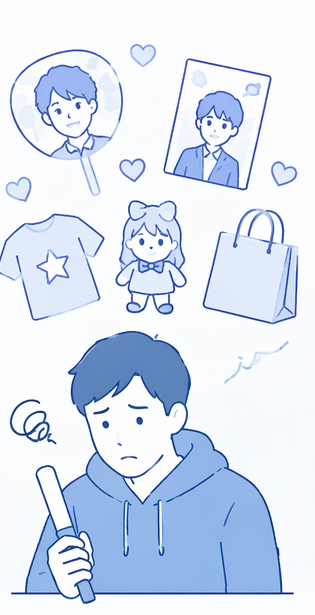 推し活の浪費が重なり生活が苦しくなった男性のイラスト