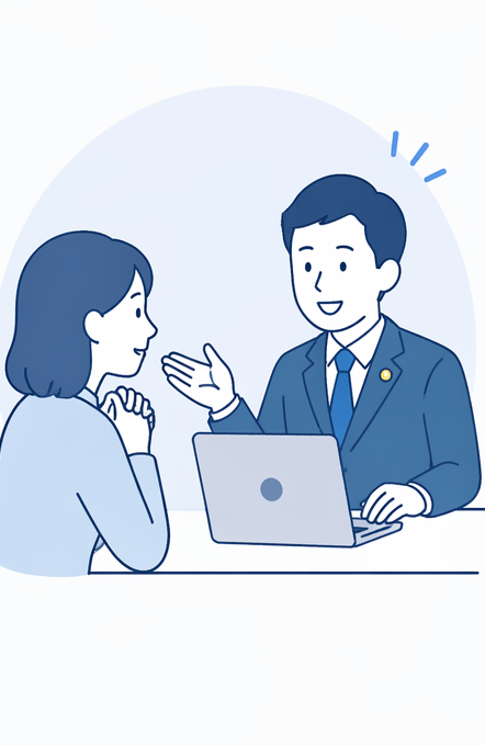 弁護士が相談者とノートパソコン越しに笑顔で対話するイラスト